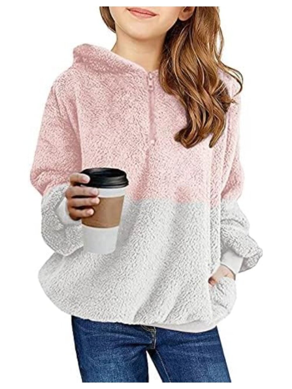 Girls Fuzzy Fleece Pullover Hoodie Zip Collar Pockets Cozy Sweatshirt